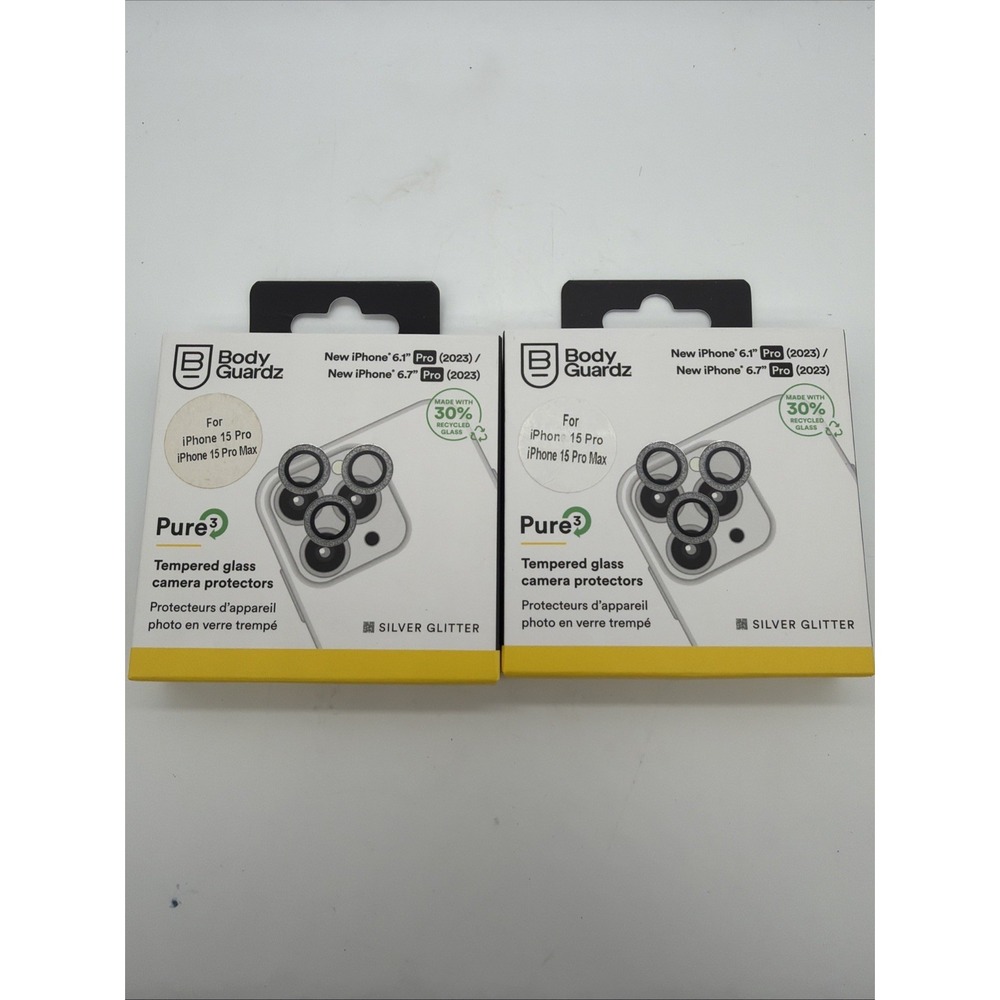BodyGuardz Silver Glitter Tempered Glass Camera -iPhone 15 Pro/15 Pro Max 2 Pack